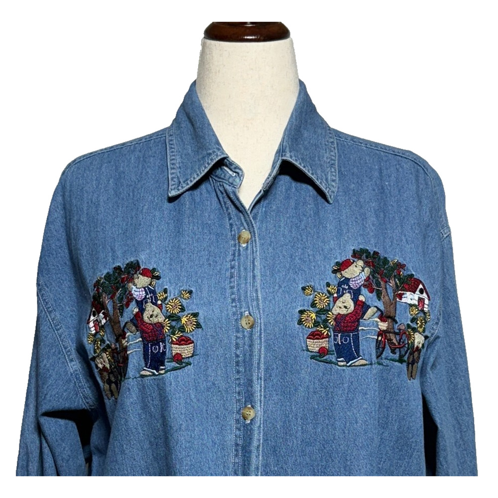 Vintage Quizz Top Womens 22 Blue Denim‎ Embroidered Teddy Bears Long Sleeve